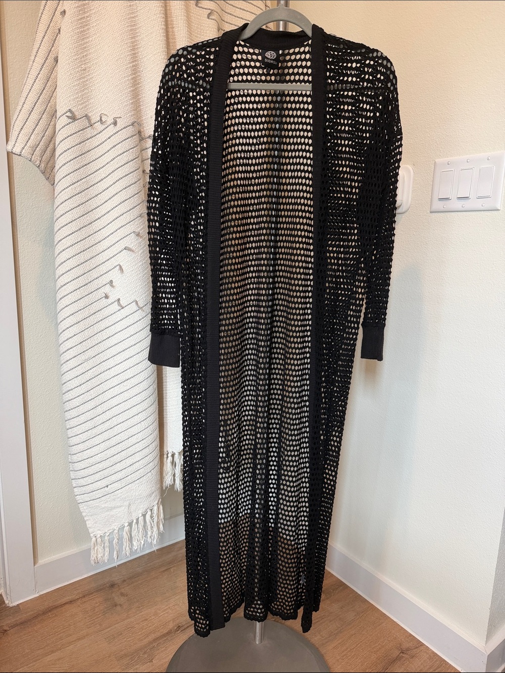 Black Open-Knit Long Cardigan